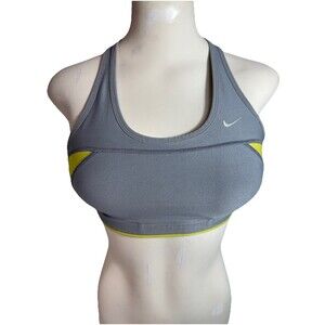 NIKE Dri-Fit Mesh Racerback Foam Padded Sports Bra Grey Neon Yellow-Green Size S